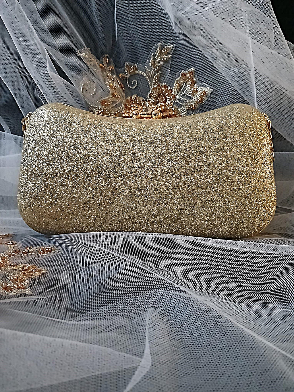 Gold Glitter Evening Clutch: Crystal Handle Bridal Handbag