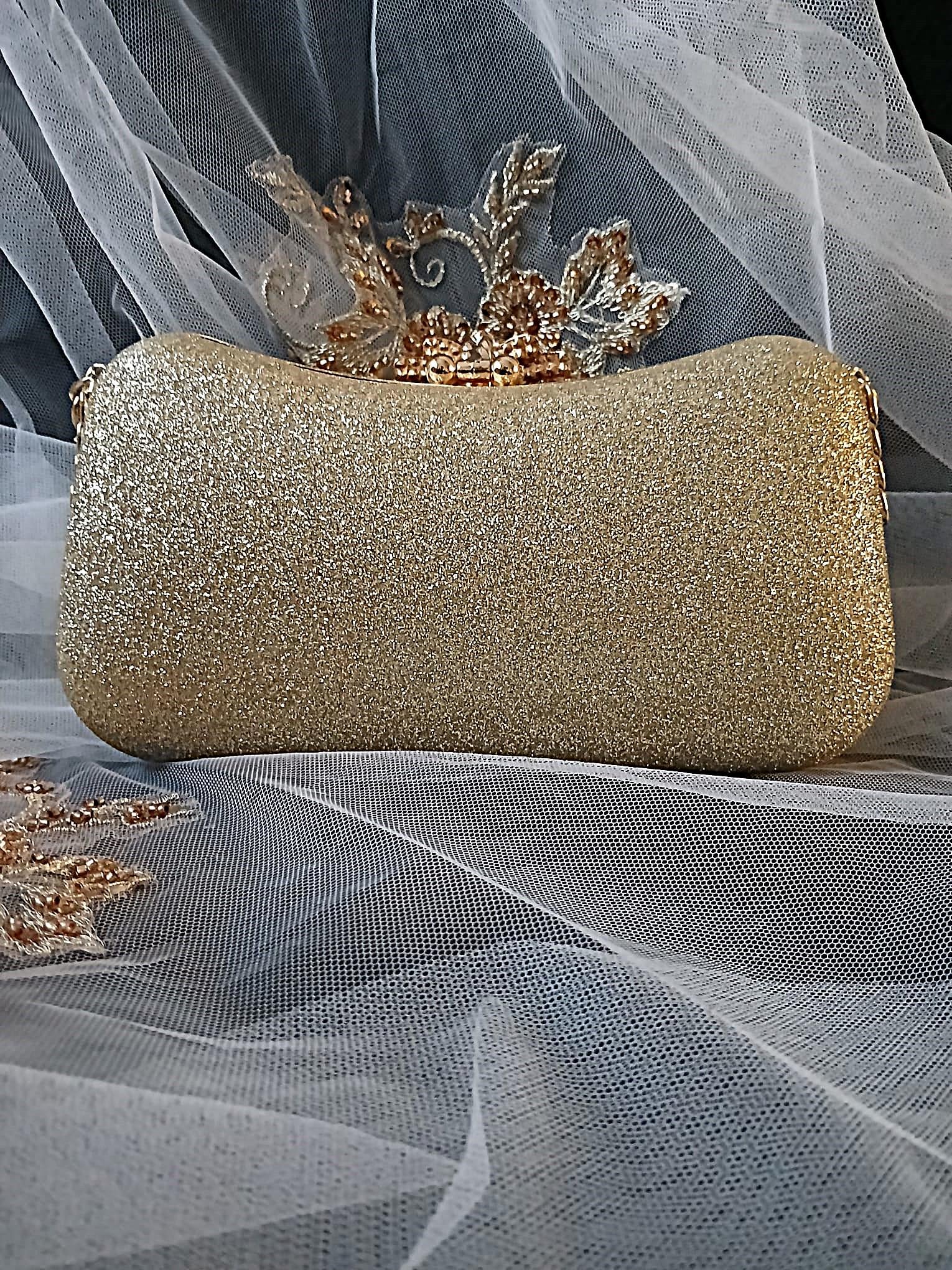 Gold Glitter Evening Clutch: Crystal Handle Bridal Handbag