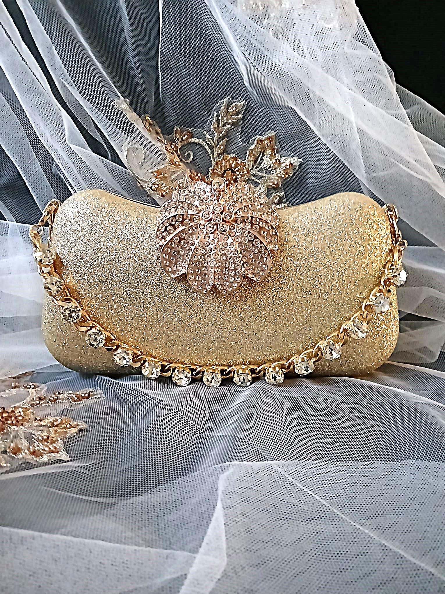 Gold Glitter Evening Clutch: Crystal Handle Bridal Handbag
