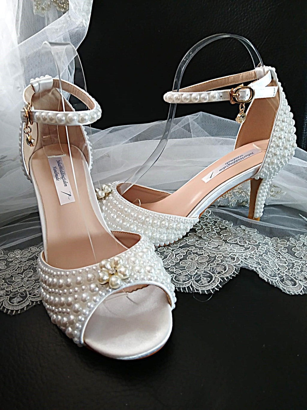 White Pearl Bridal Shoes with Matching Clutch Bag: Floral Wedding Sandals