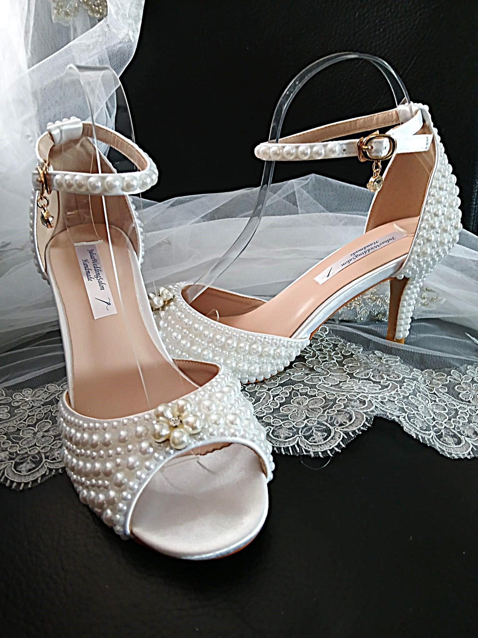 White Pearl Bridal Shoes with Matching Clutch Bag: Floral Wedding Sandals