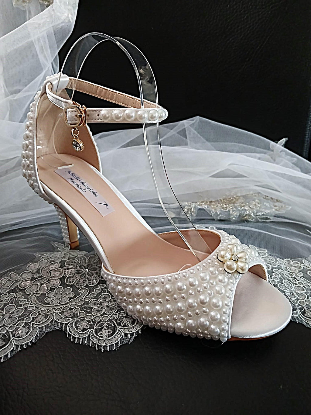 White Pearl Bridal Shoes with Matching Clutch Bag: Floral Wedding Sandals