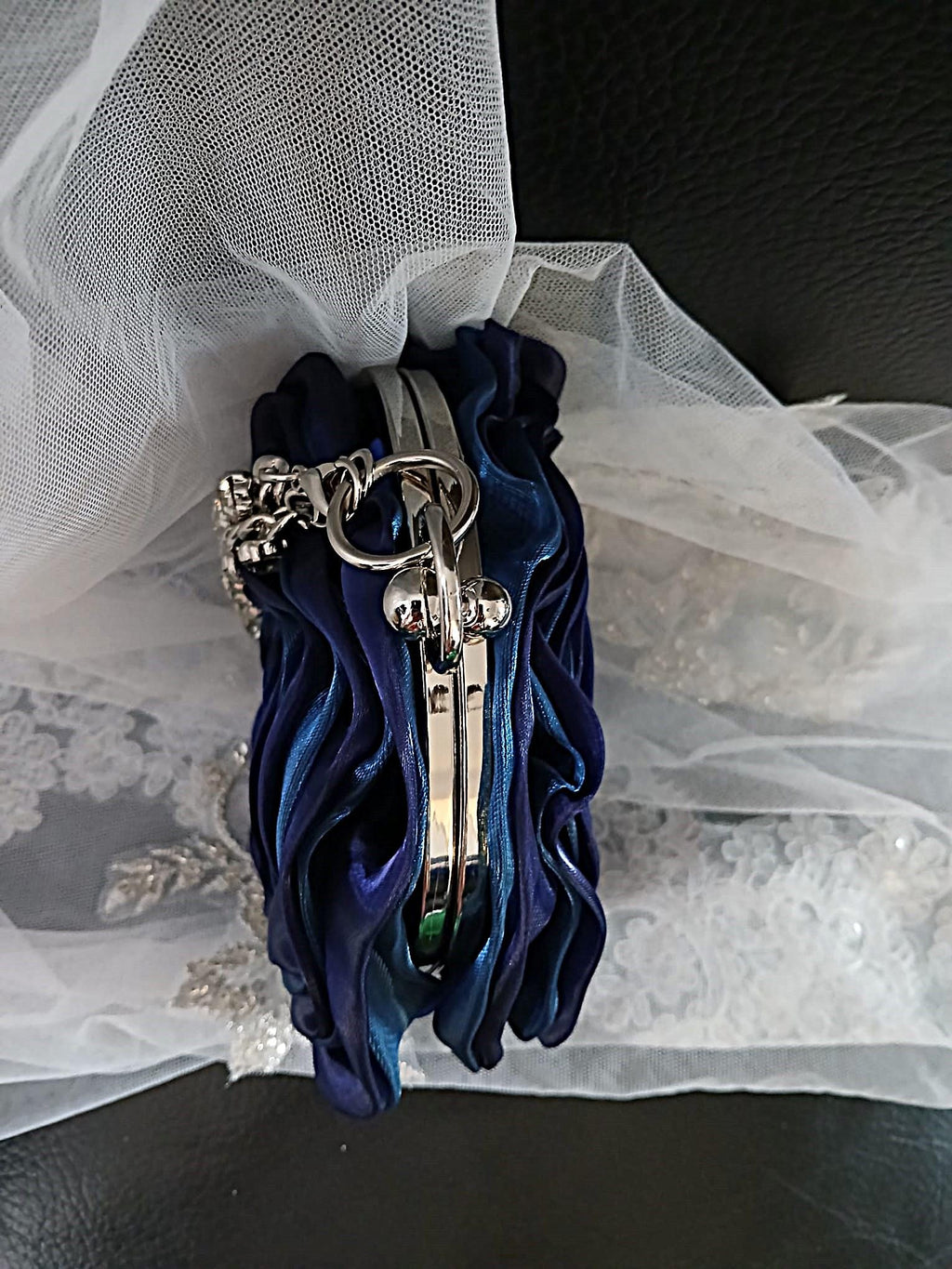 New Sapphire Blue Organza Flower Clutch With Silver Crystal Handle - Wedding Evening Bag