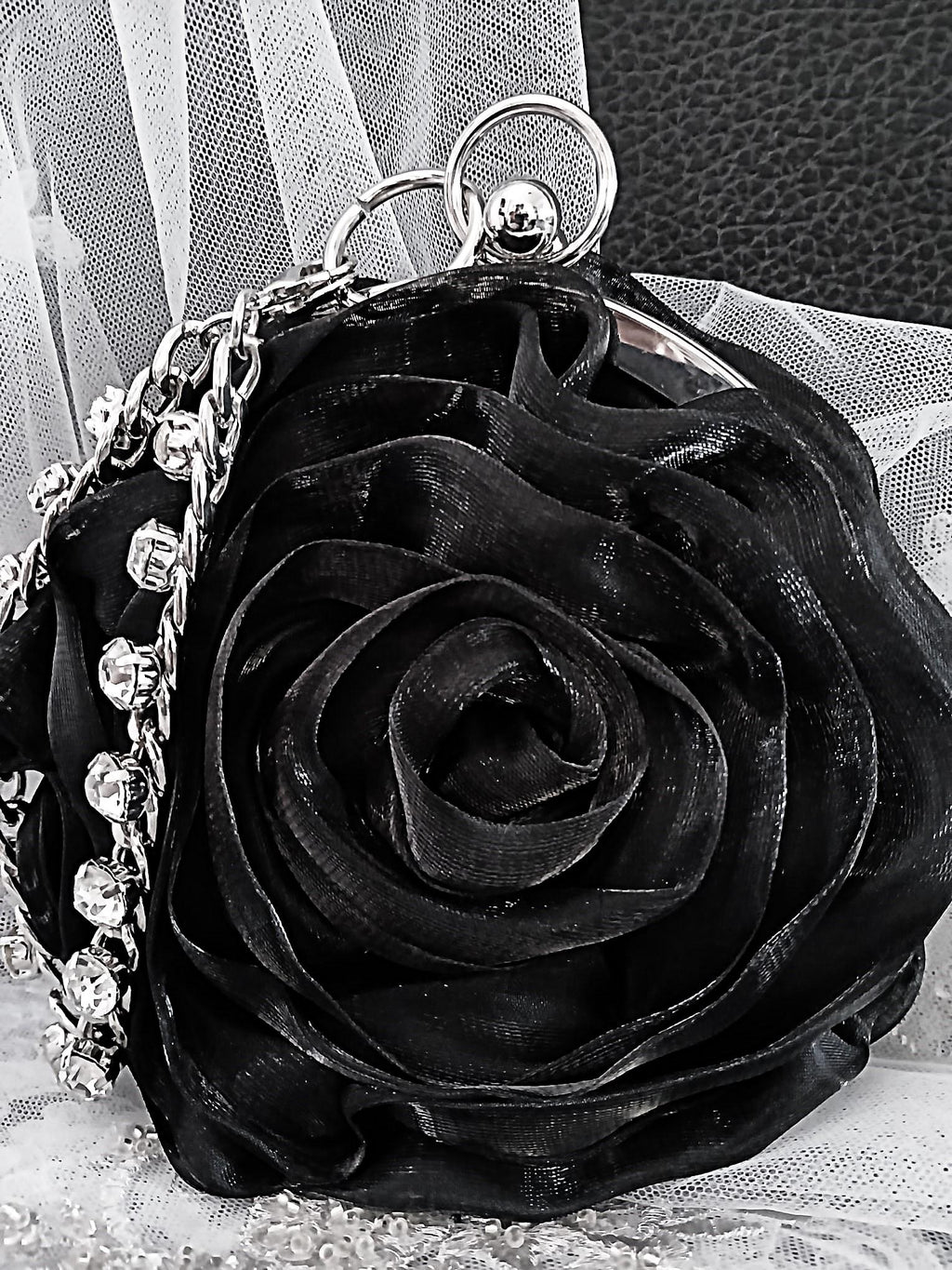 Black Organza Flower Clutch Bag: Silver Crystal Handle, Wedding Evening Bag