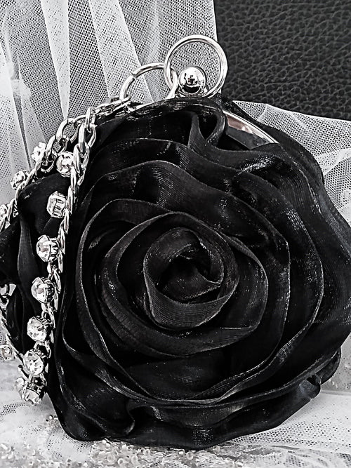 Black Organza Flower Clutch Bag: Silver Crystal Handle, Wedding Evening Bag