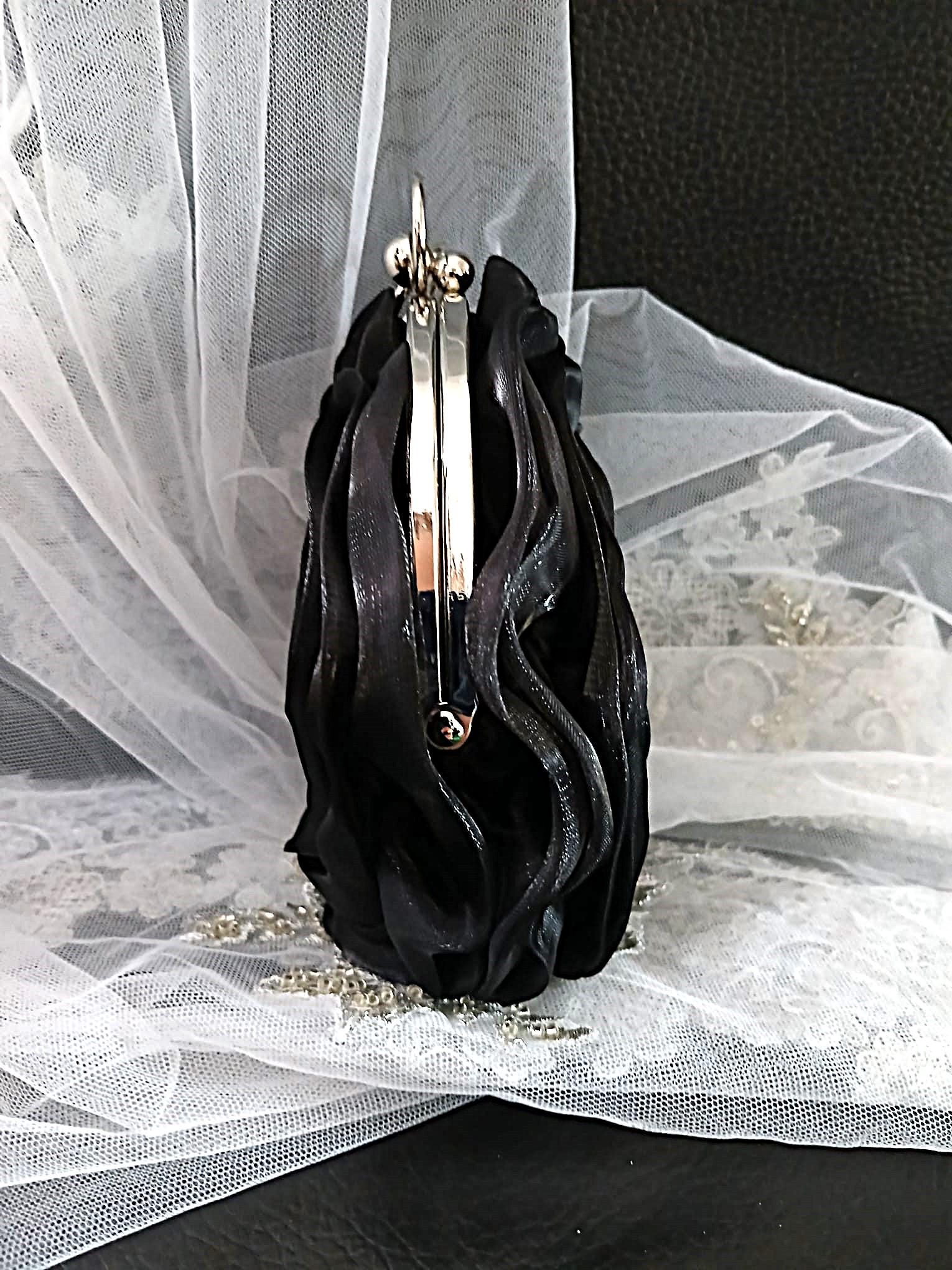 Black Organza Flower Clutch Bag: Silver Crystal Handle, Wedding Evening Bag