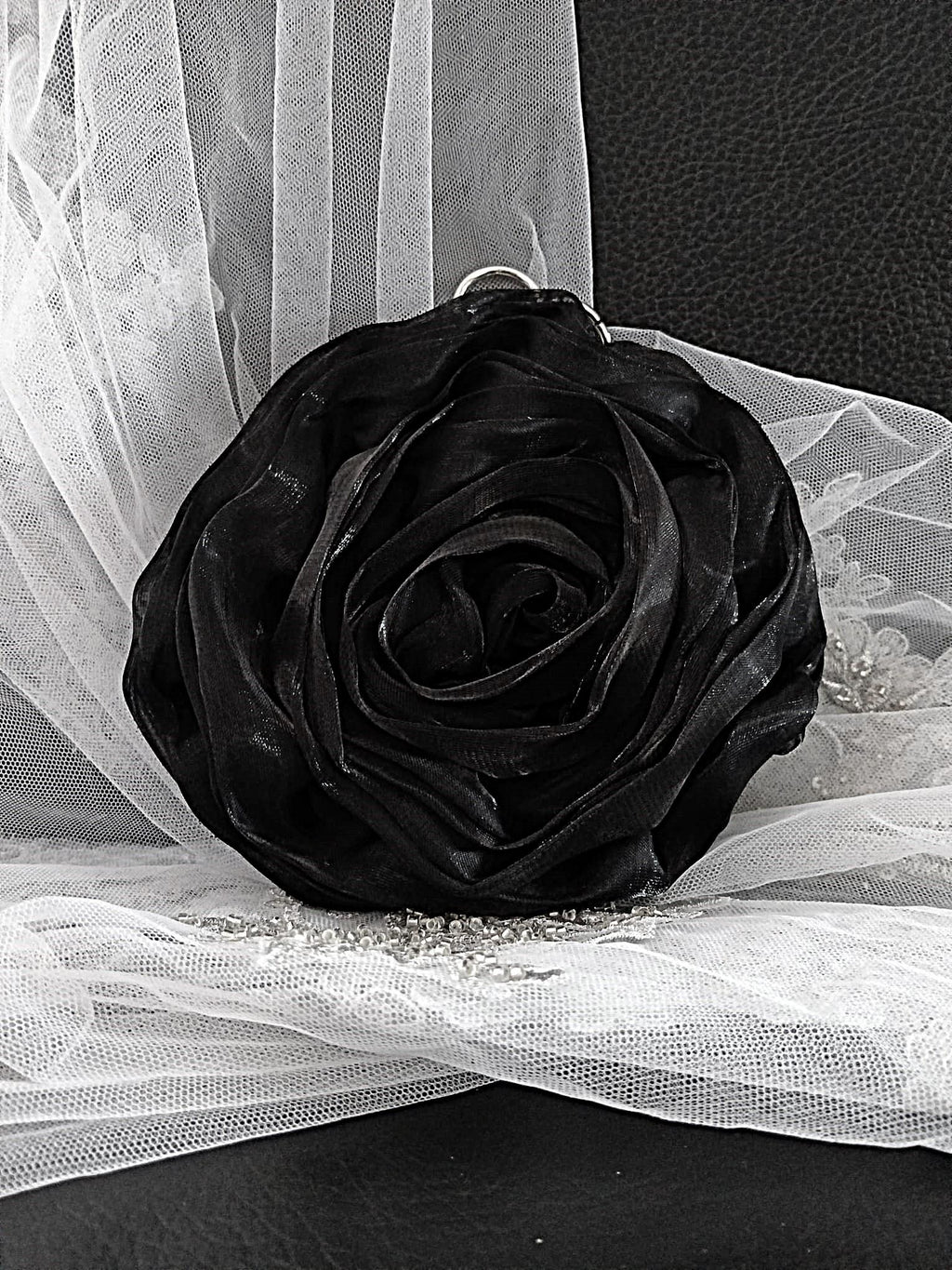 Black Organza Flower Clutch Bag: Silver Crystal Handle, Wedding Evening Bag