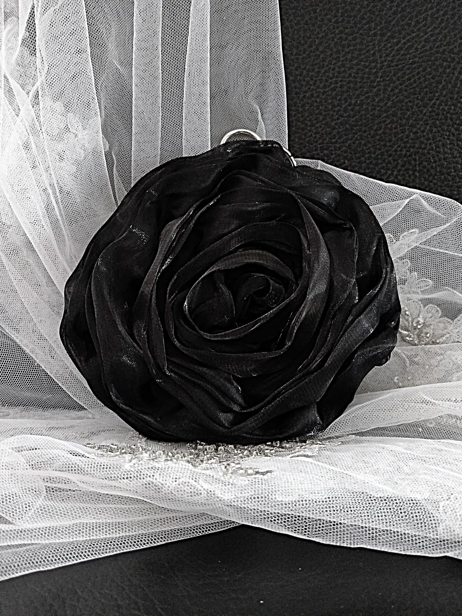 Black Organza Flower Clutch Bag: Silver Crystal Handle, Wedding Evening Bag