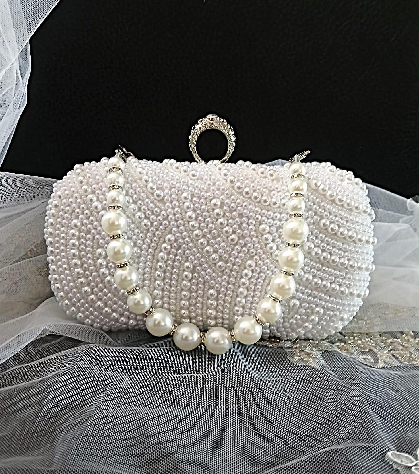 White Pearl Bridal Clutch,Wedding Purse With Silver Hardware,Handbag For Bride Or Bridesmaid