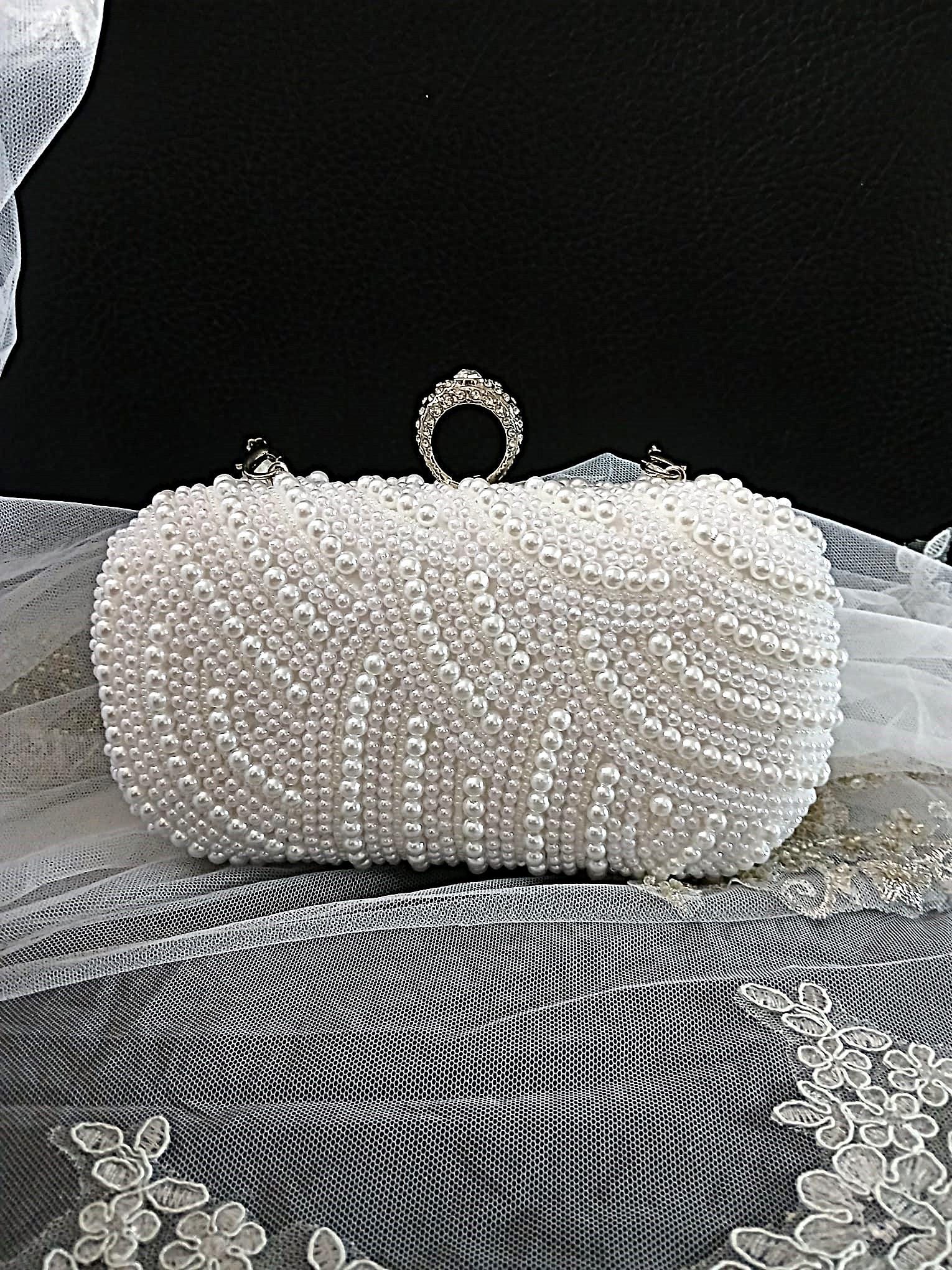 White Pearl Bridal Clutch,Wedding Purse With Silver Hardware,Handbag For Bride Or Bridesmaid