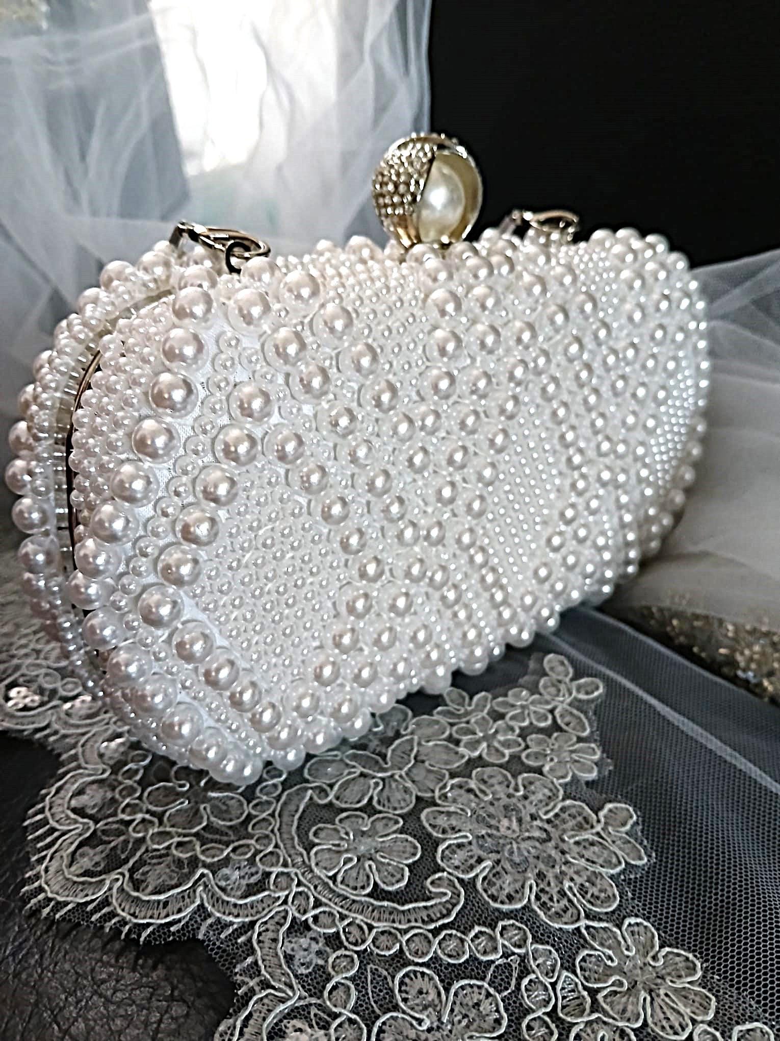 White Pearl Bridal Clutch: Geometric Wedding Purse with Silver Hardware