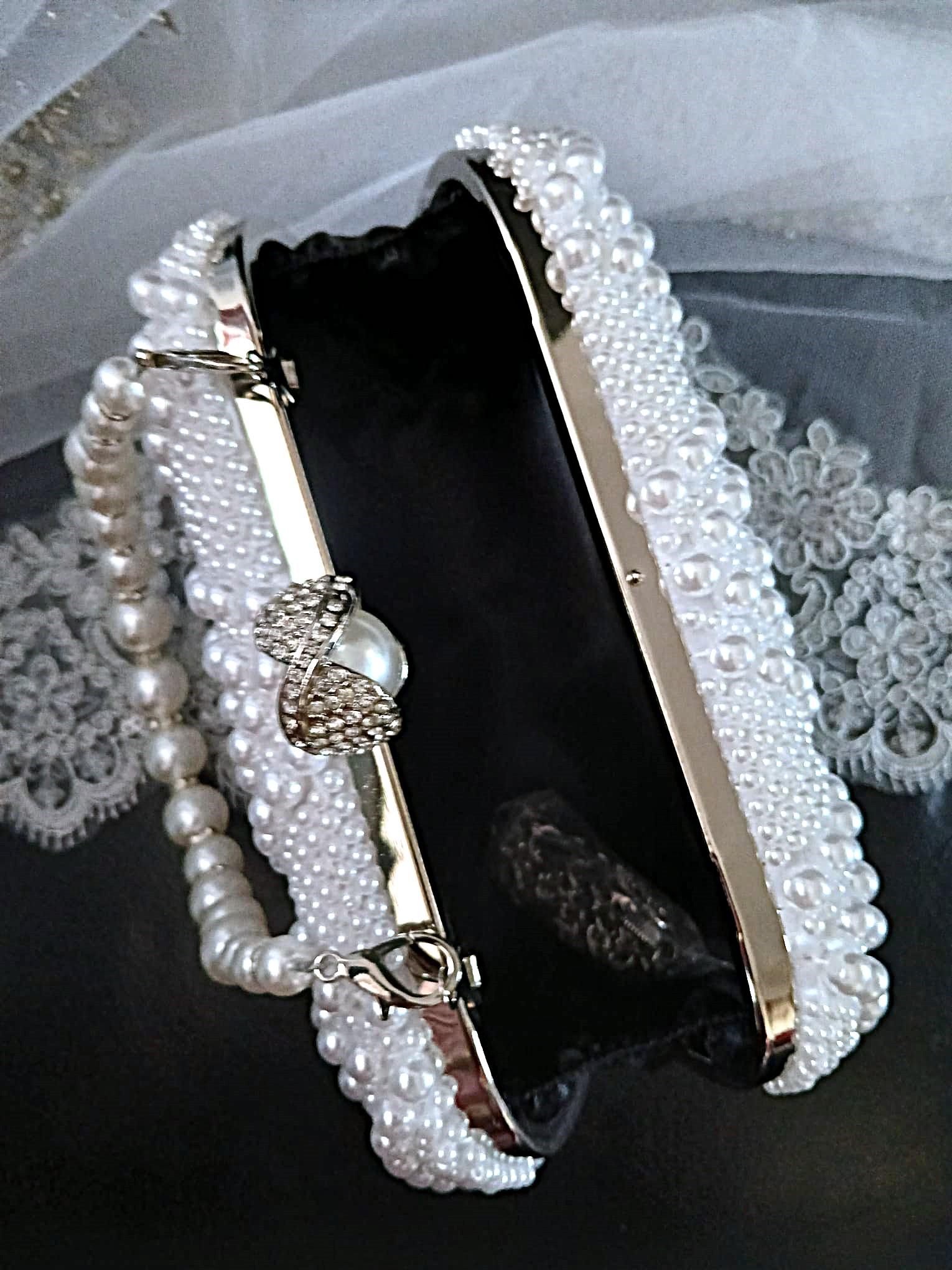 White Pearl Bridal Clutch: Geometric Wedding Purse with Silver Hardware