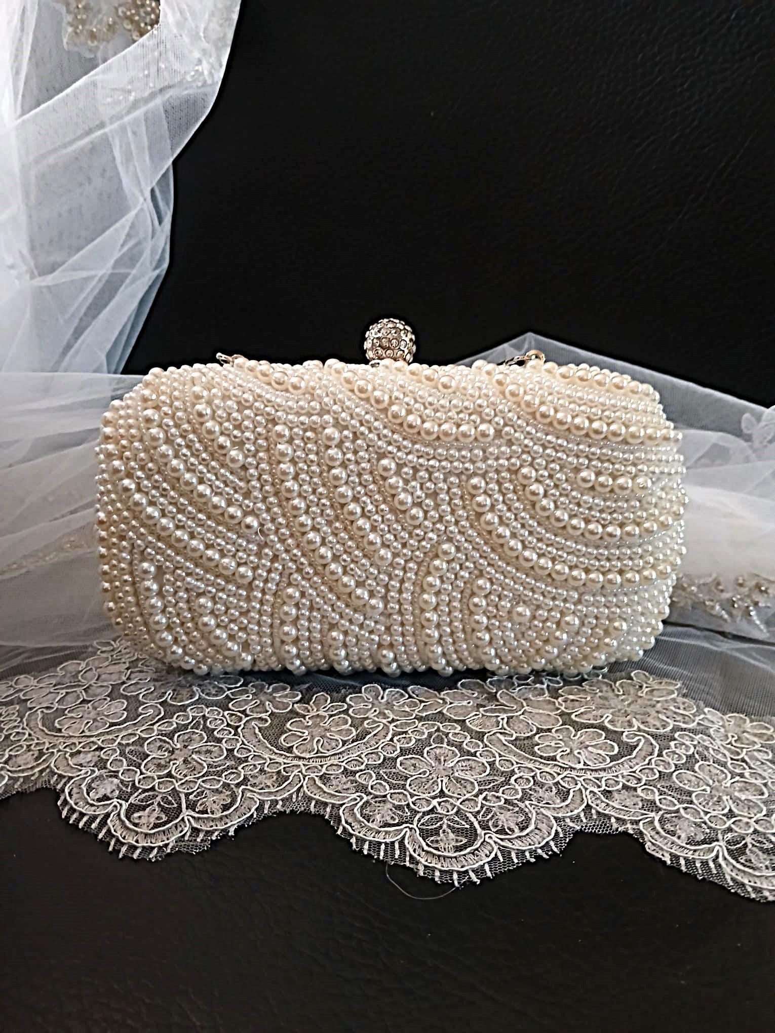 Ivory Pearl Bridal Clutch Bag,Wedding Purse With Silver Hardware,Handbag For Bride Or Bridesmaid