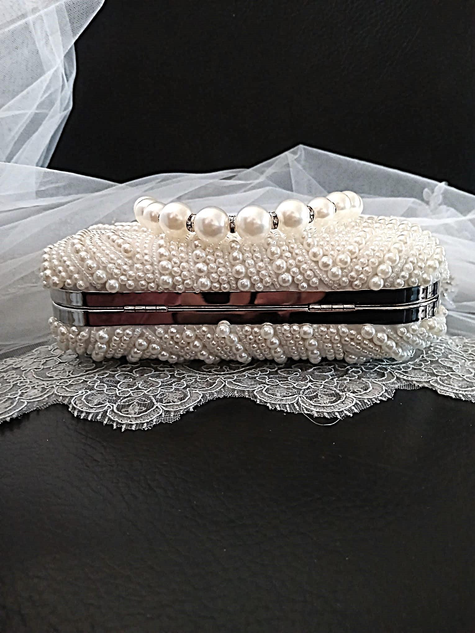 Ivory Pearl Bridal Clutch Bag,Wedding Purse With Silver Hardware,Handbag For Bride Or Bridesmaid