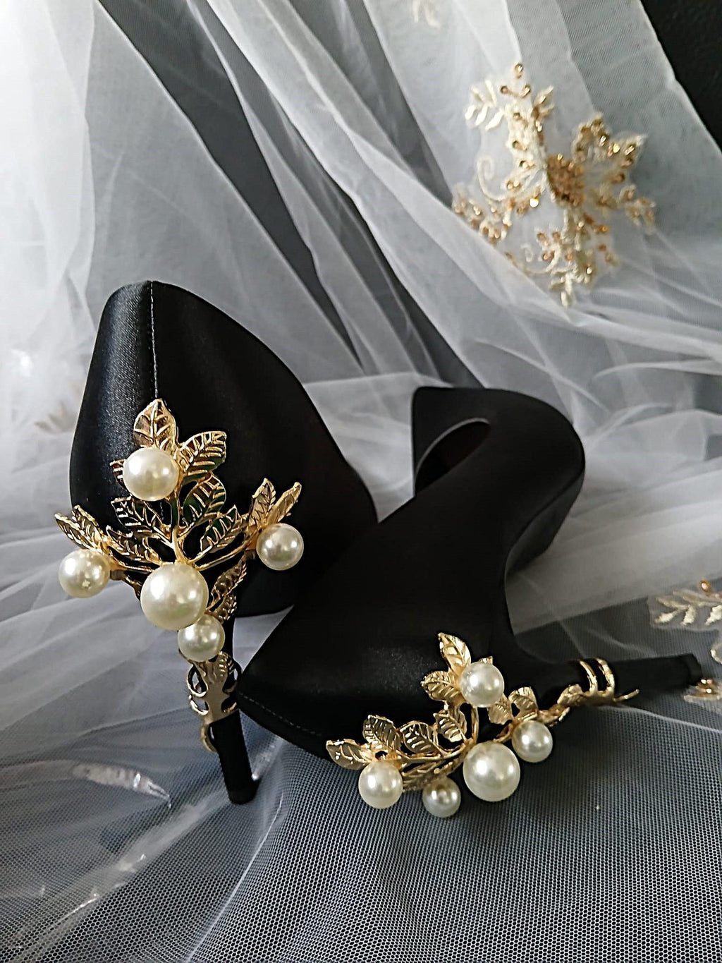 Vintage Inspired Black Satin Heels: Gold & Pearl Embellished Formal Shoes