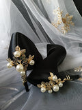 Vintage Inspired Black Satin Heels: Gold & Pearl Embellished Formal Shoes