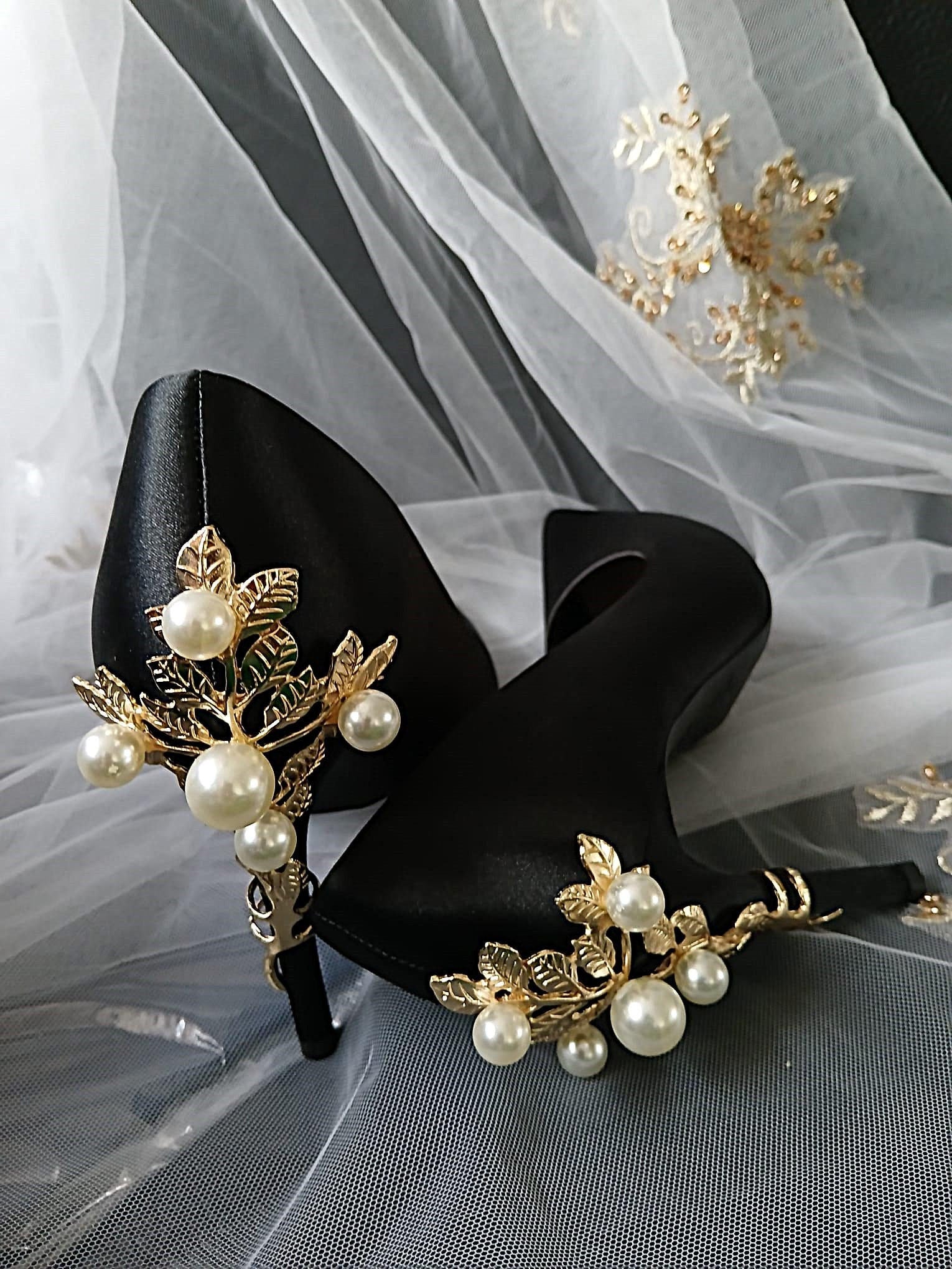 Vintage Inspired Black Satin Heels: Gold & Pearl Embellished Formal Shoes