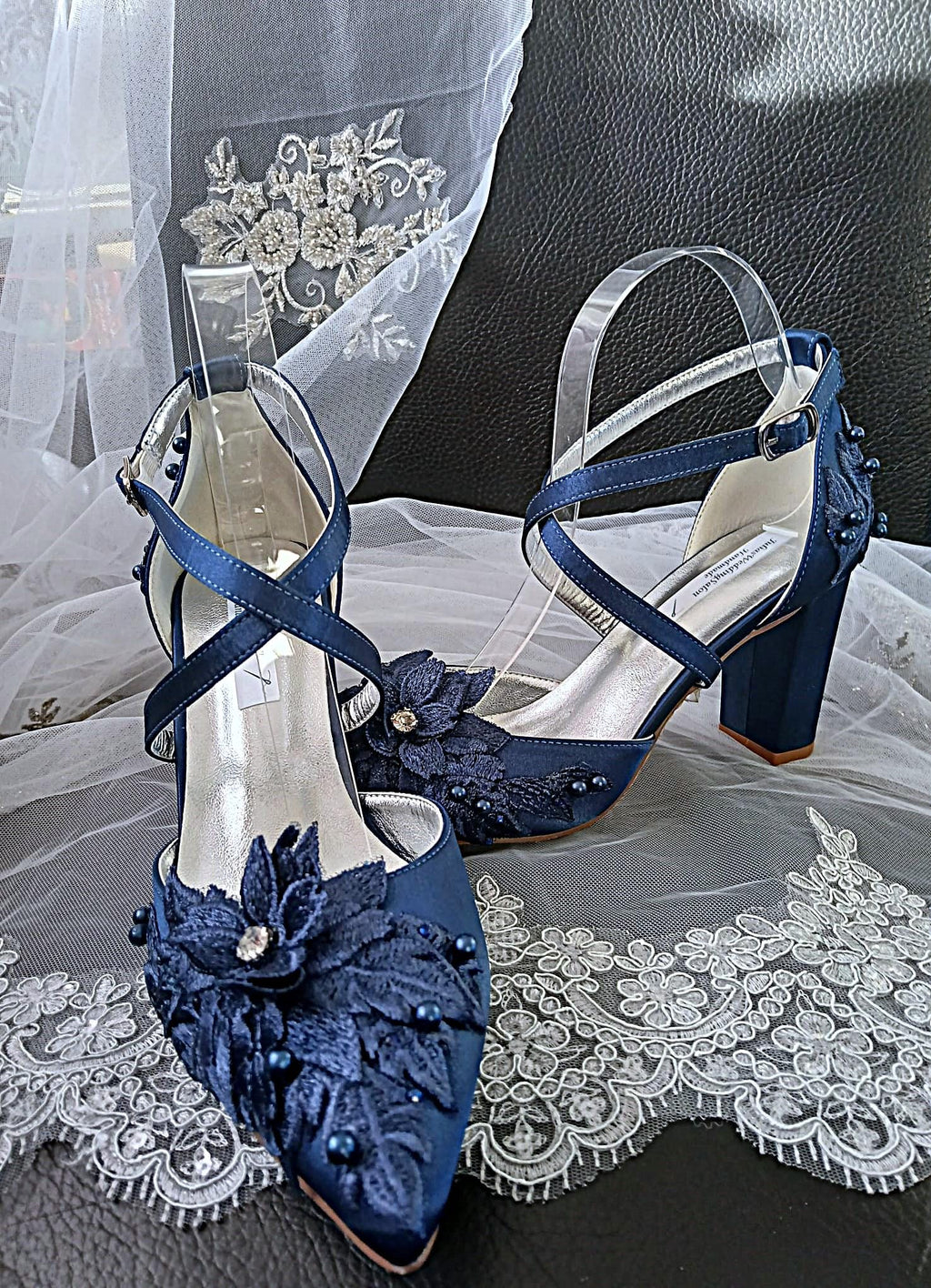 New Navy Blue Satin Floral Block Heel Shoe Set: Hat and Clutch, Formal Event Footwear