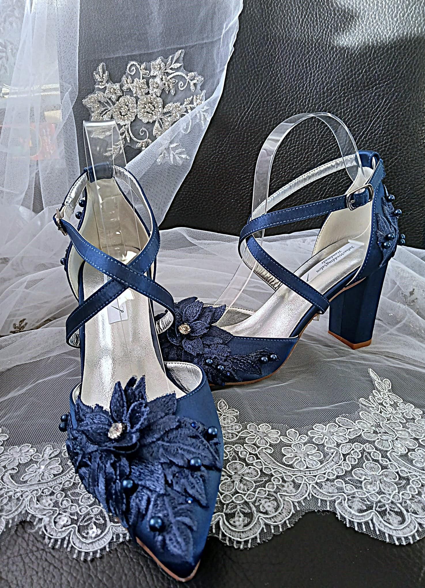 New Navy Blue Satin Floral Block Heel Shoe Set: Hat and Clutch, Formal Event Footwear