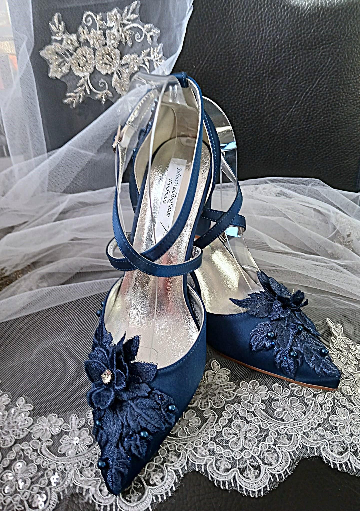 New Navy Blue Satin Floral Block Heel Shoe Set: Hat and Clutch, Formal Event Footwear