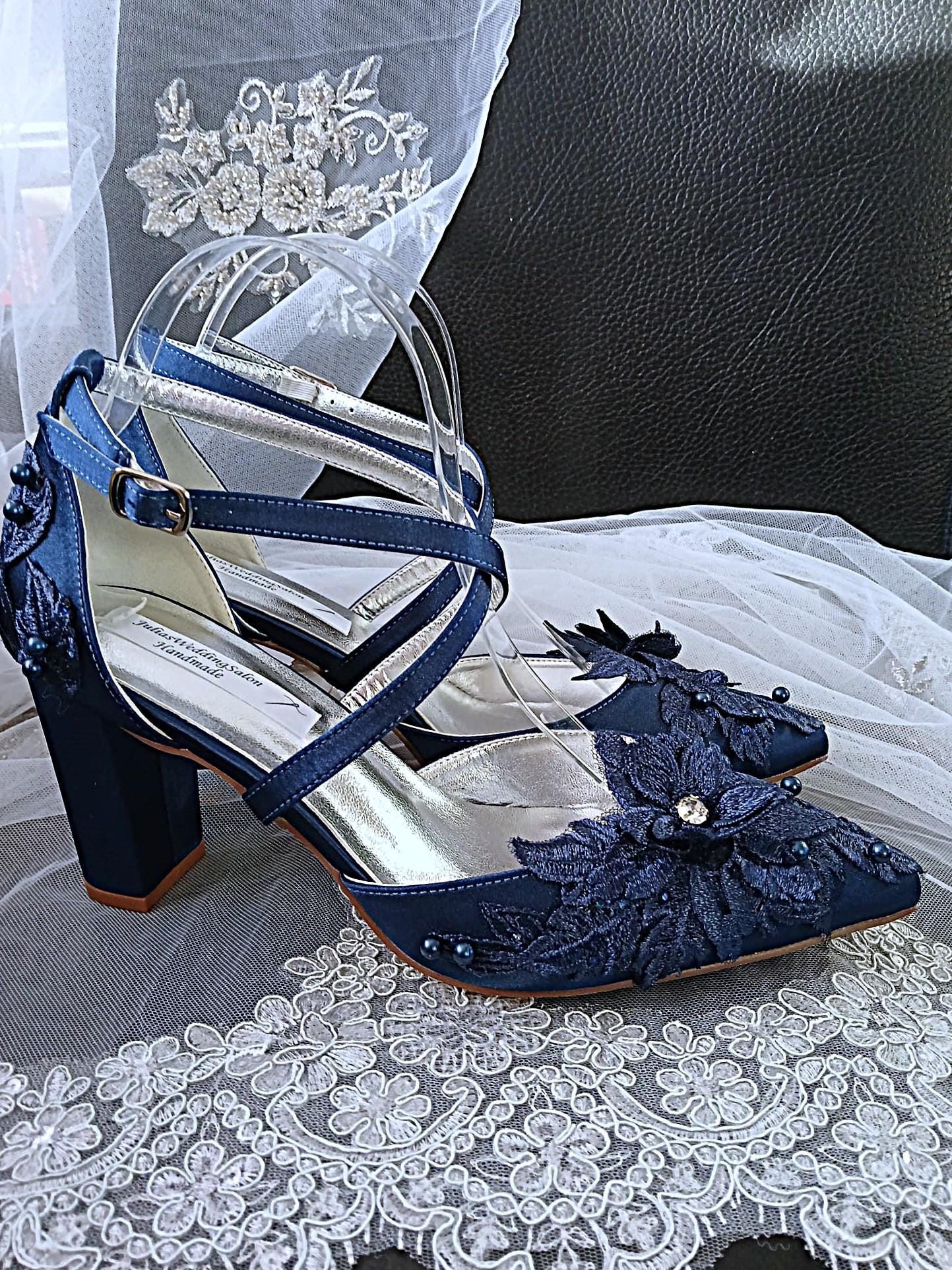 New Navy Blue Satin Floral Block Heel Shoe Set: Hat and Clutch, Formal Event Footwear