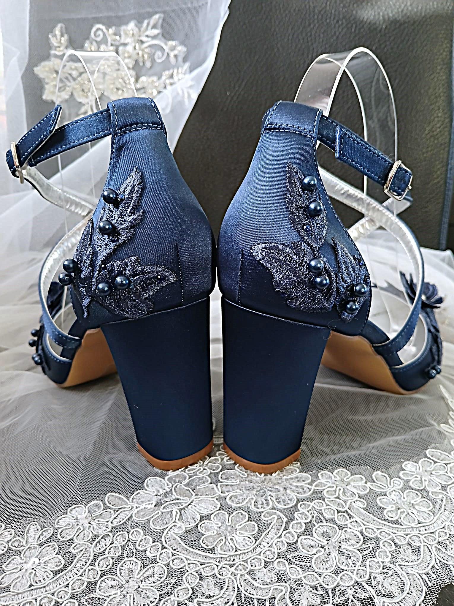 New Navy Blue Satin Floral Block Heel Shoe Set: Hat and Clutch, Formal Event Footwear