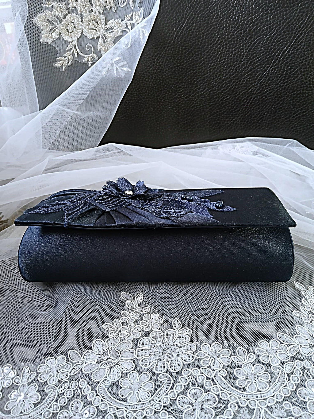 Bestseller! Navy Blue Satin Clutch Bag: Floral Wedding Handbag with Chain