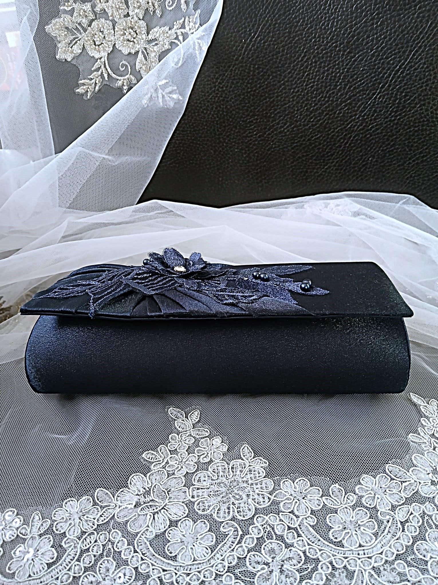 Bestseller! Navy Blue Satin Clutch Bag: Floral Wedding Handbag with Chain