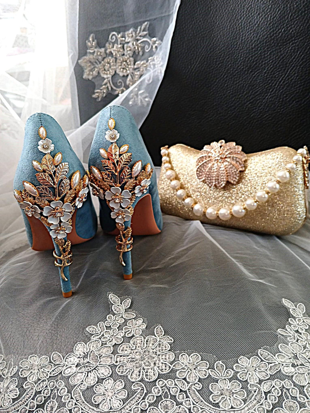 Floral High Heel Sandal & Gold Glitter Clutch Set: Light Blue Formal Footwear