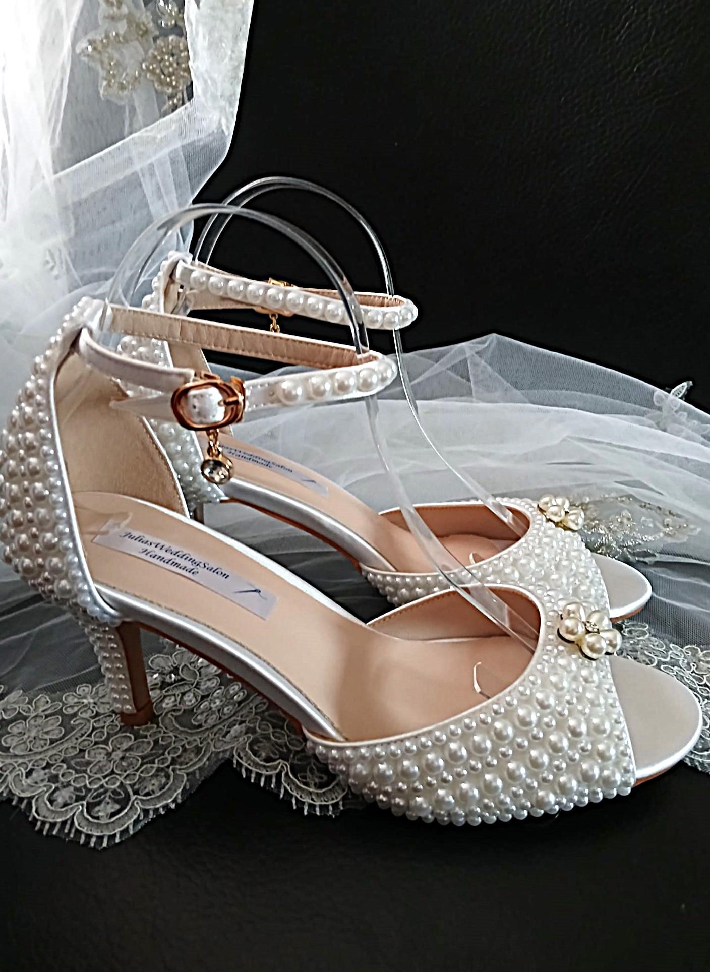 White Pearl Bridal Shoes with Matching Clutch Bag: Floral Wedding Sandals