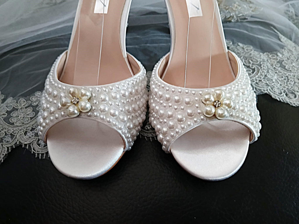 White Pearl Bridal Shoes with Matching Clutch Bag: Floral Wedding Sandals