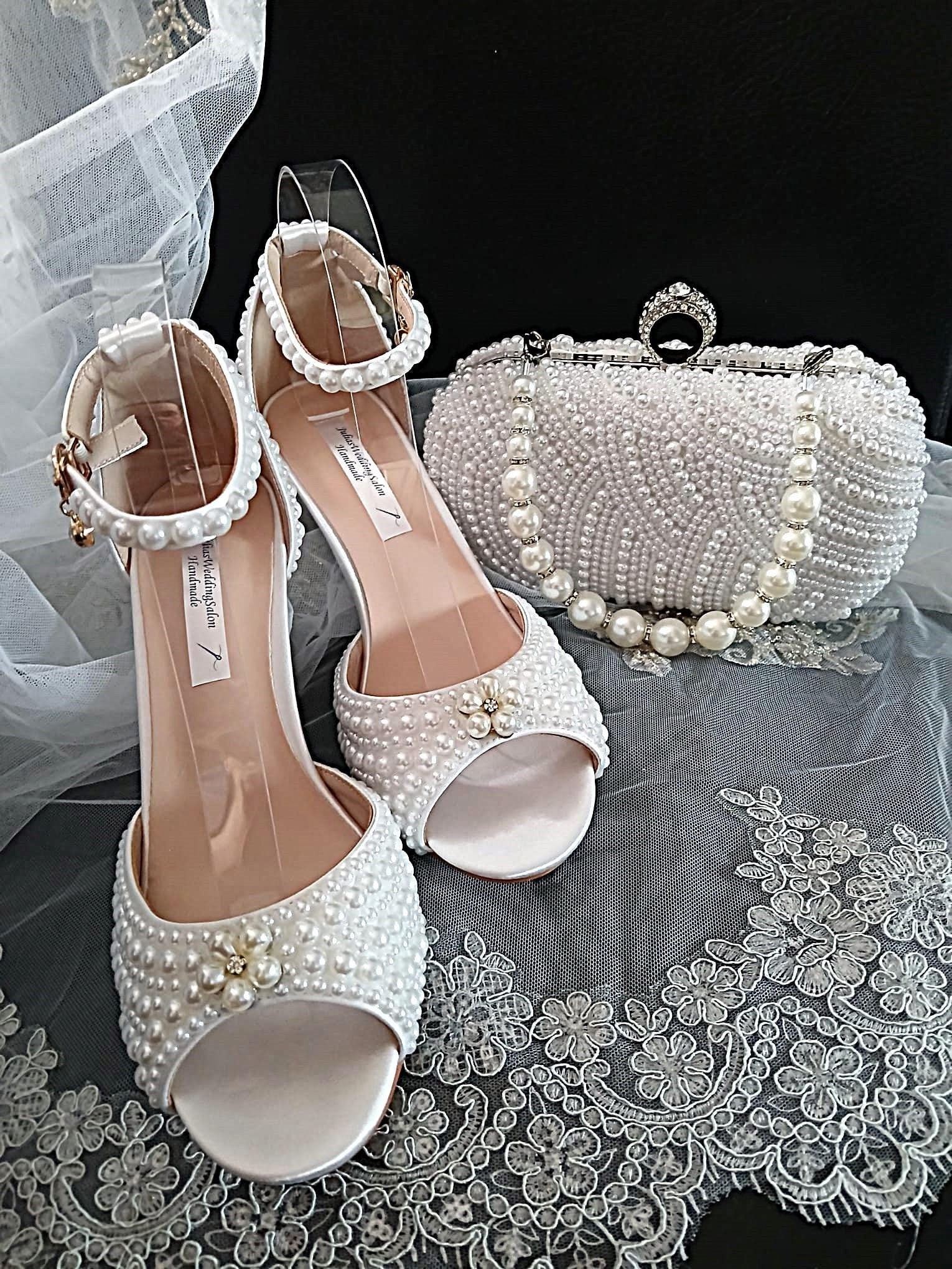 White Pearl Bridal Shoes with Matching Clutch Bag: Floral Wedding Sandals