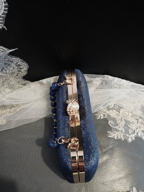 Dark Blue Velvet Evening Clutch Bag With Gold Hardware And Beaded Handle