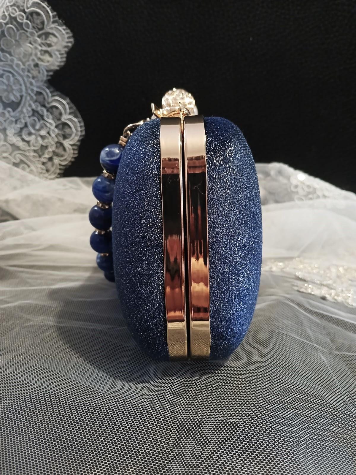 Dark Blue Velvet Evening Clutch Bag With Gold Hardware And Beaded Handle