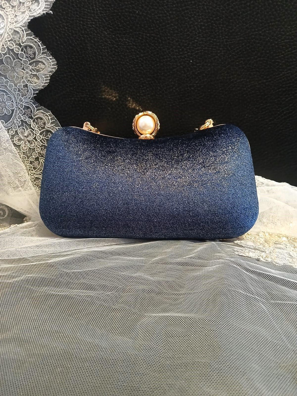 Dark Blue Velvet Evening Clutch Bag With Gold Hardware And Beaded Handle
