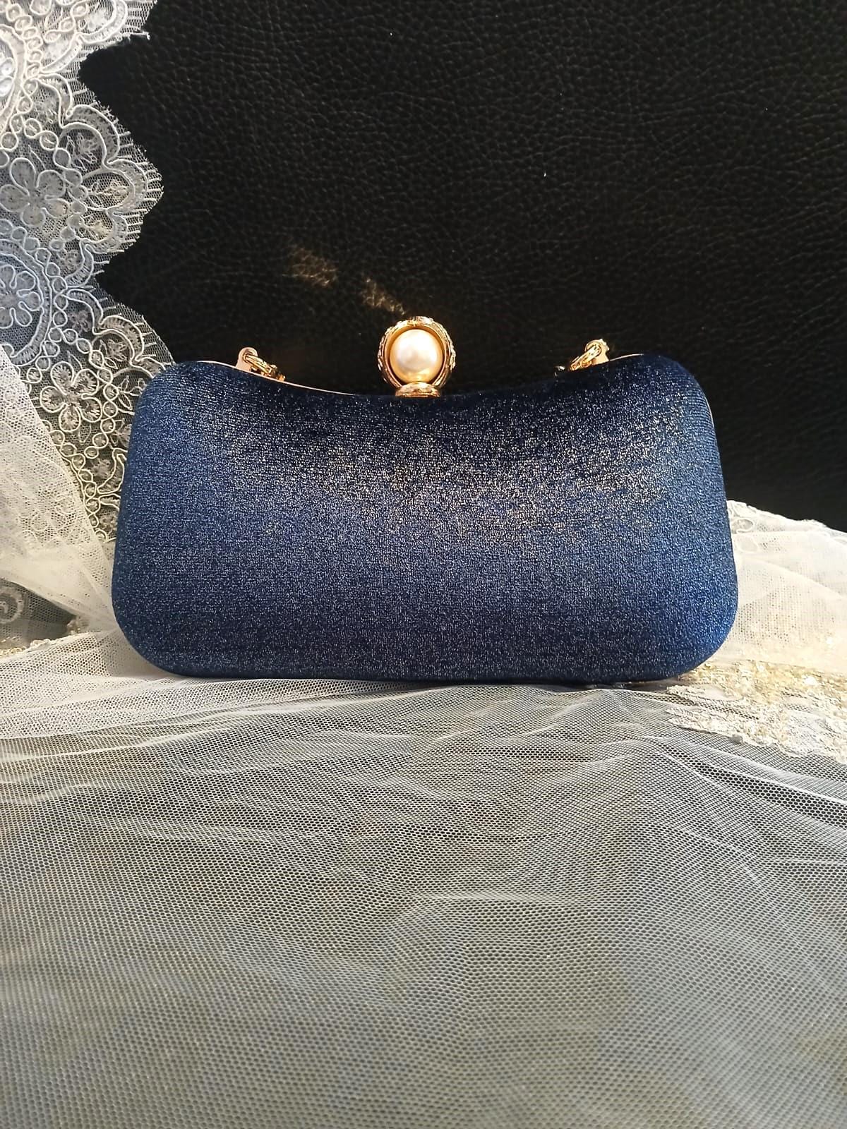 Dark Blue Velvet Evening Clutch Bag With Gold Hardware And Beaded Handle