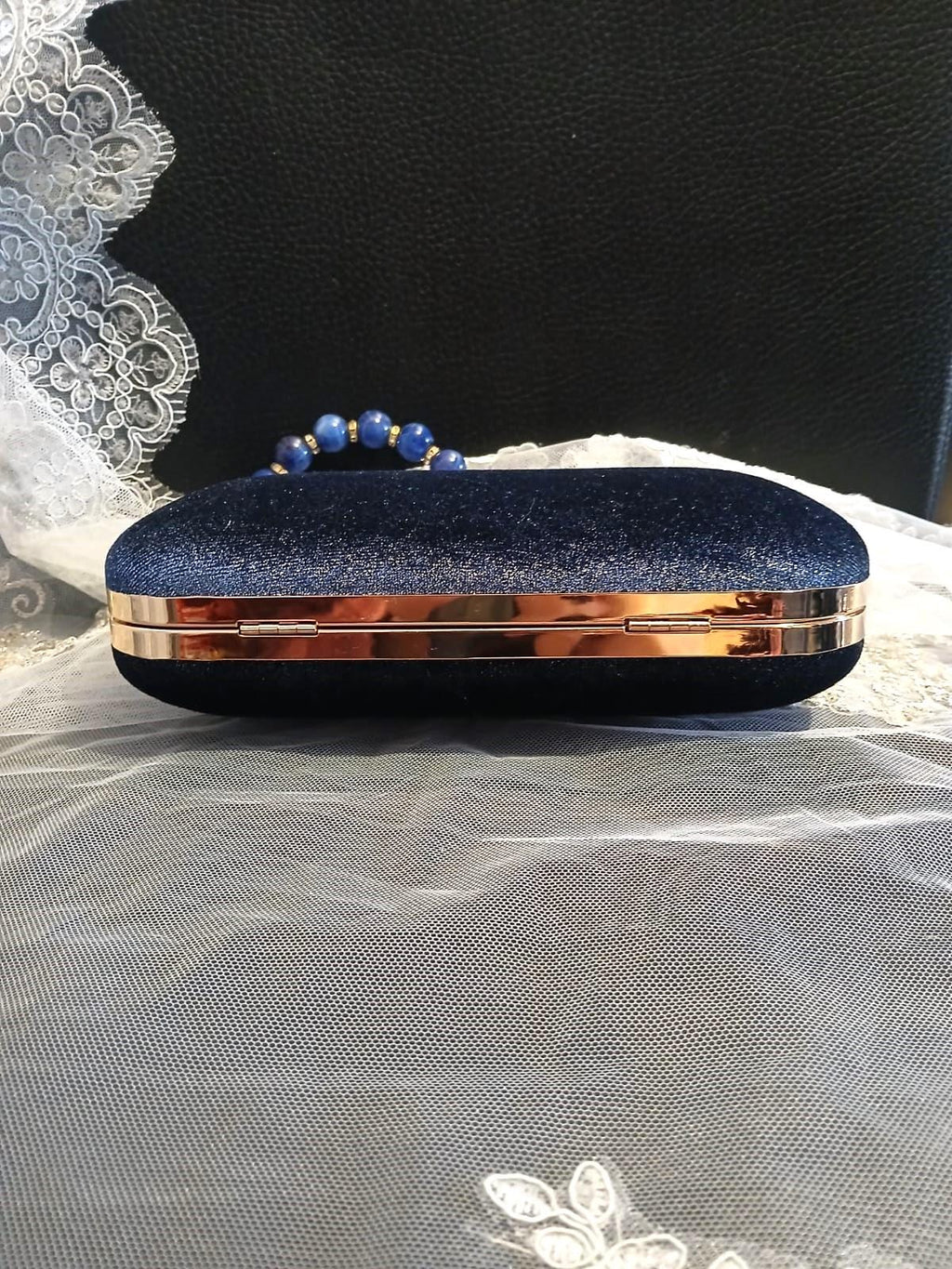 Dark Blue Velvet Evening Clutch Bag With Gold Hardware And Beaded Handle