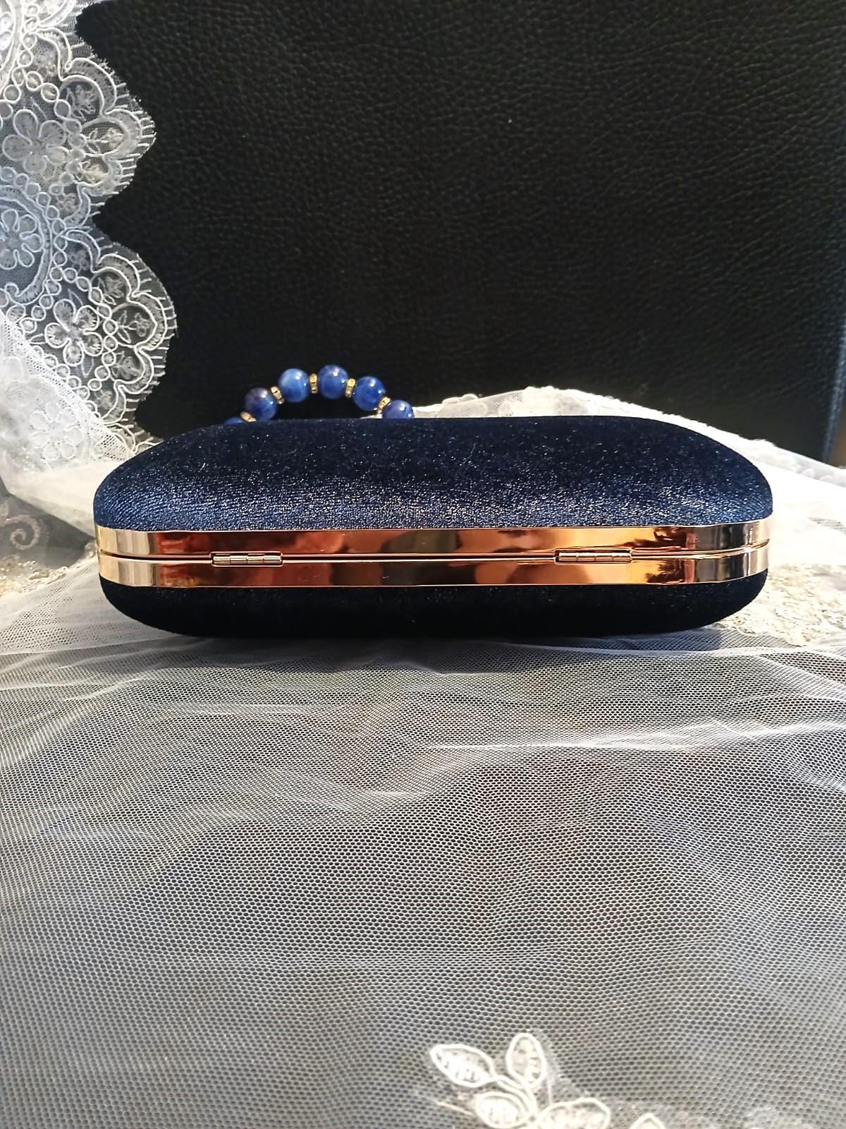 Dark Blue Velvet Evening Clutch Bag With Gold Hardware And Beaded Handle