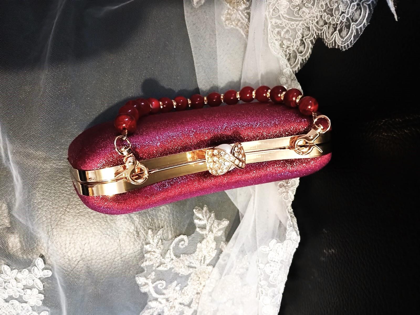 Wine Red Velvet Evening Clutch: Gold Hardware, Burgundy Bridal Handbag