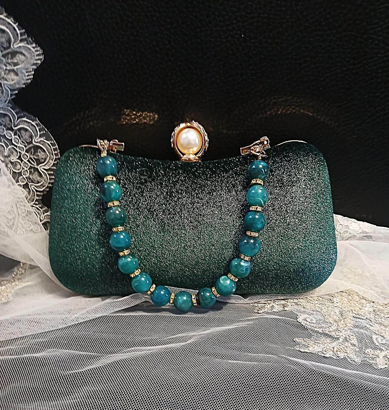 Emerald Green Velvet Clutch Bag: Gold Hardware Evening Handbag