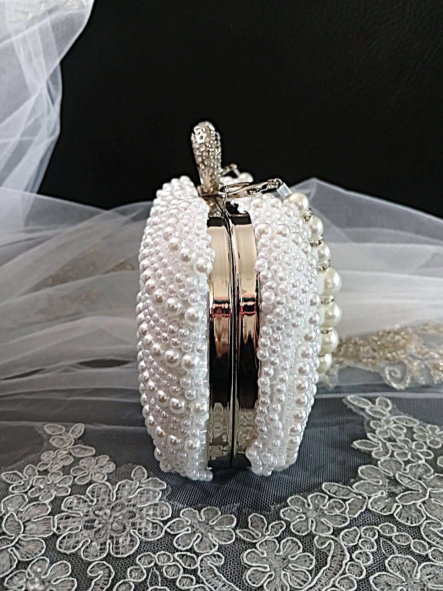 White Pearl Bridal Clutch,Wedding Purse With Silver Hardware,Handbag For Bride Or Bridesmaid