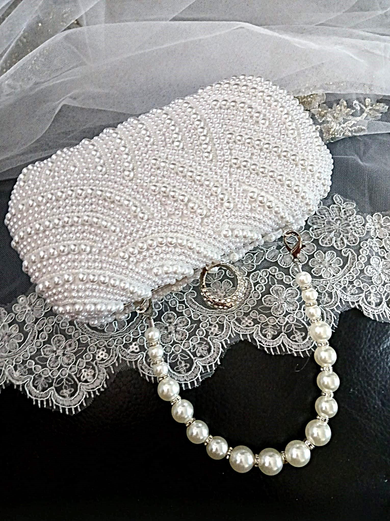 White Pearl Bridal Clutch,Wedding Purse With Silver Hardware,Handbag For Bride Or Bridesmaid