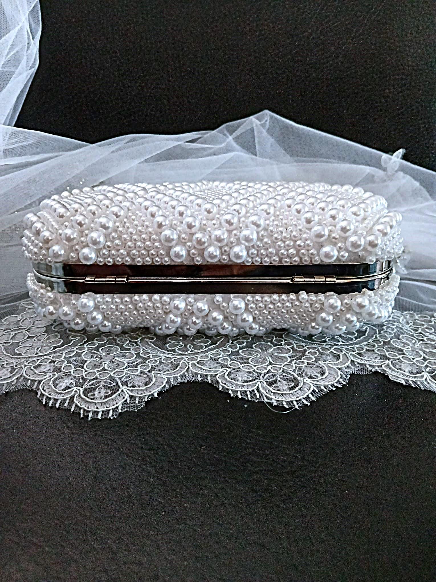 White Pearl Bridal Clutch: Geometric Wedding Purse with Silver Hardware