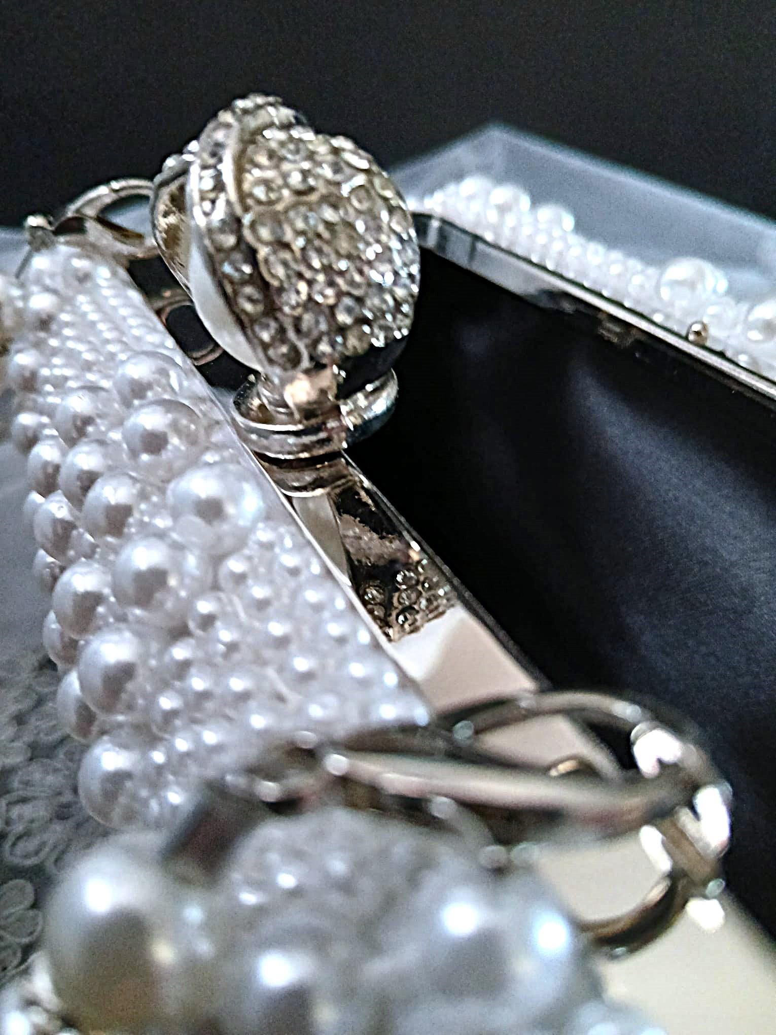 White Pearl Bridal Clutch: Geometric Wedding Purse with Silver Hardware