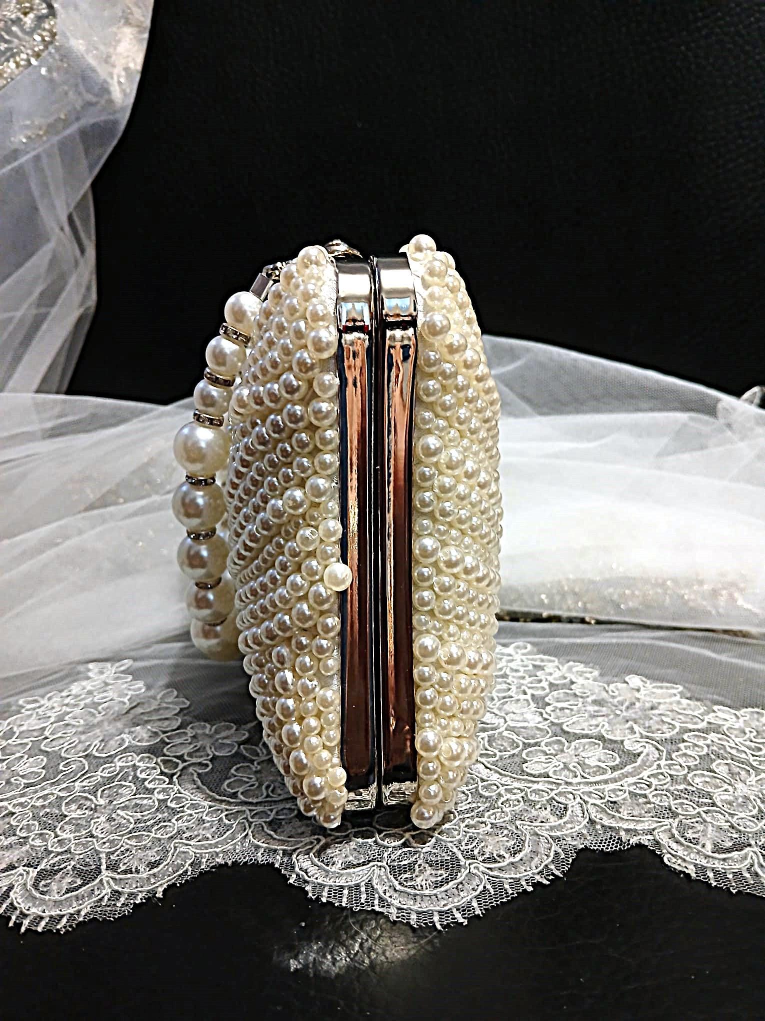 Ivory Pearl Bridal Clutch Bag: Wedding Purse with Pearl Strap