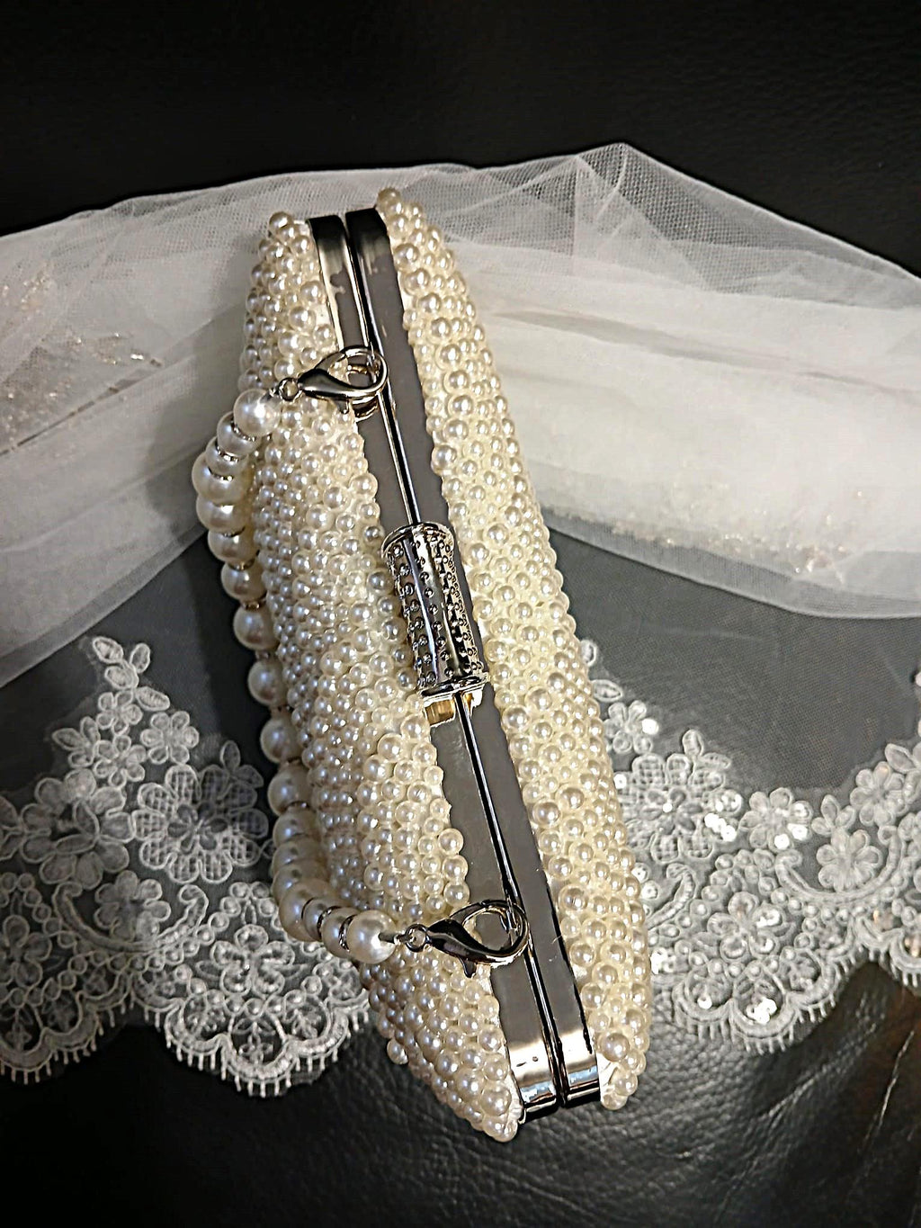Ivory Pearl Bridal Clutch Bag: Wedding Purse with Pearl Strap