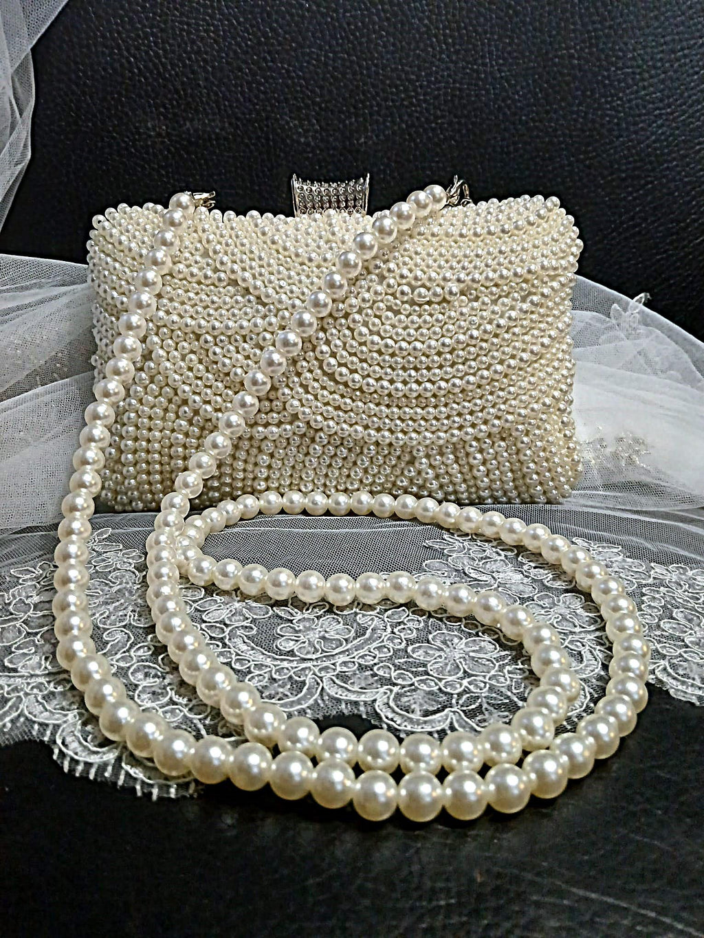 Ivory Pearl Bridal Clutch Bag: Wedding Purse with Pearl Strap