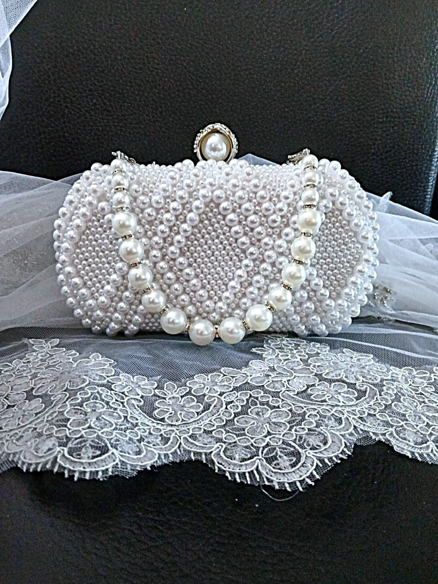 White Pearl Bridal Clutch: Geometric Wedding Purse with Silver Hardware