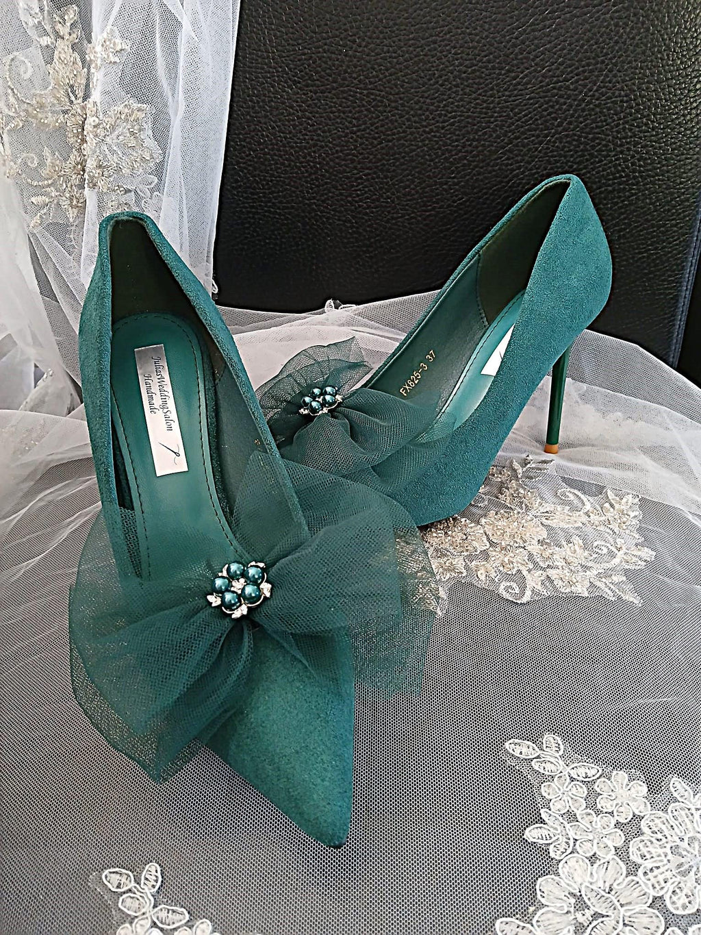 Emerald Green Suede Wedding Heels with Silver Clutch Bag
