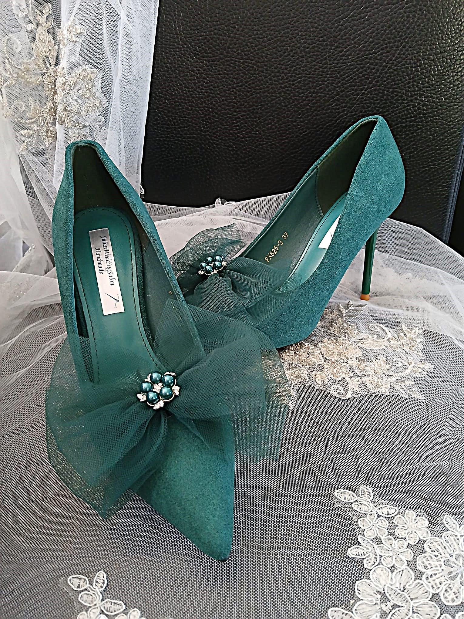 Emerald Green Suede Wedding Heels with Silver Clutch Bag
